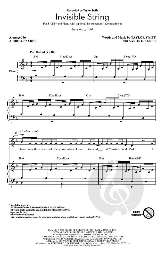 Invisible String by Taylor Swift » Mixed Choir Sheet Music